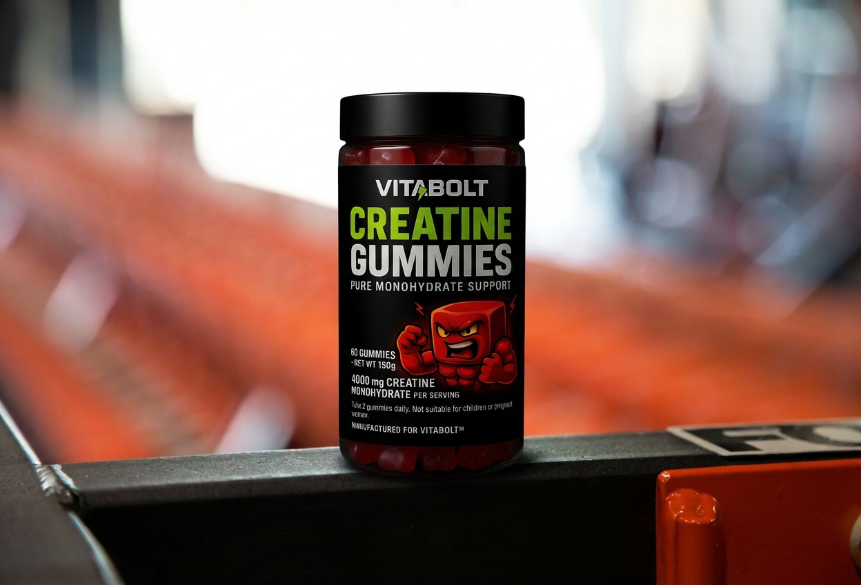 A gym setting with VitaBolt gummies in the foreground